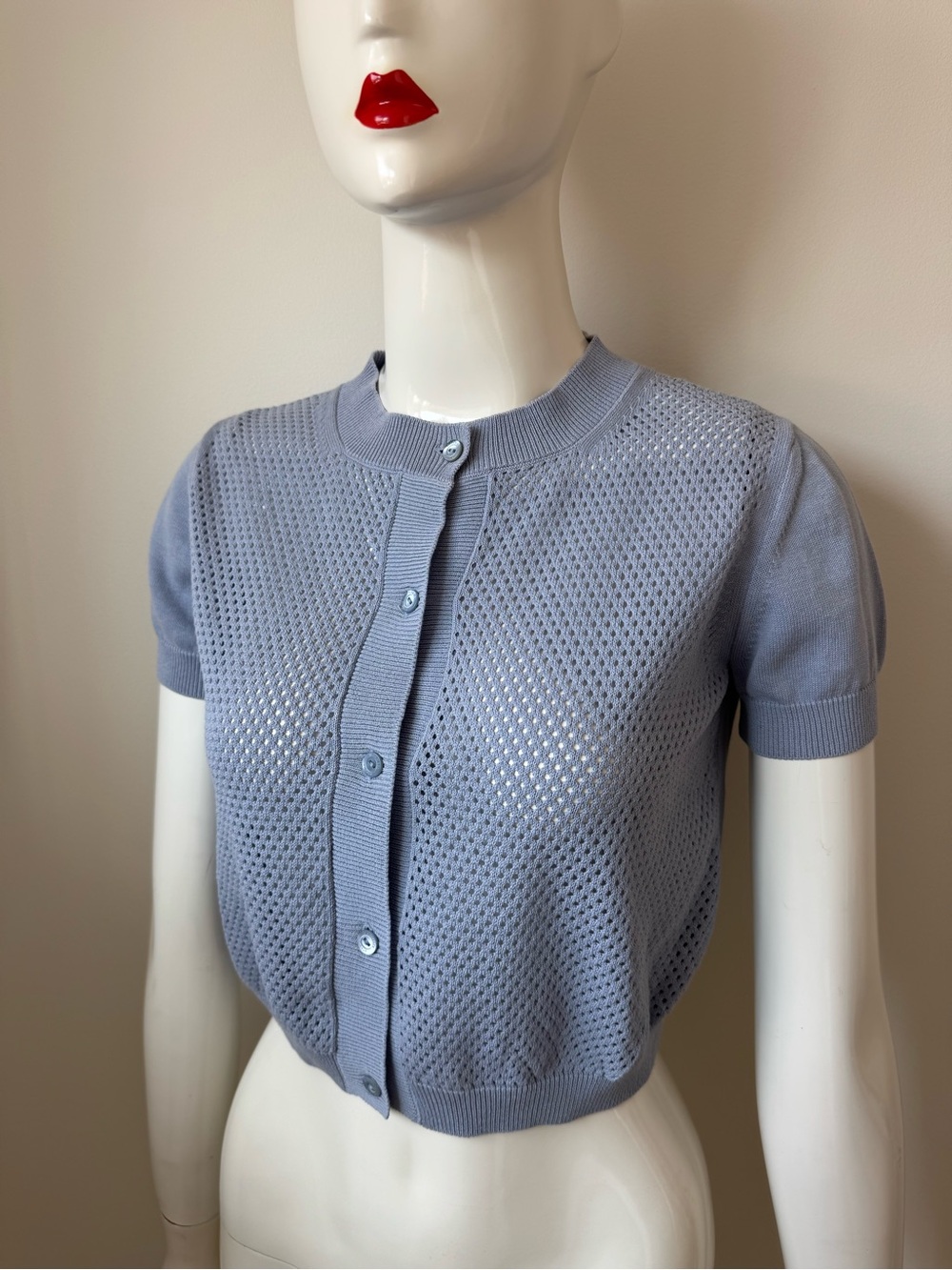 Max Mara Studio Perforated Cotton Knit Cropped Blue Button Cardigan